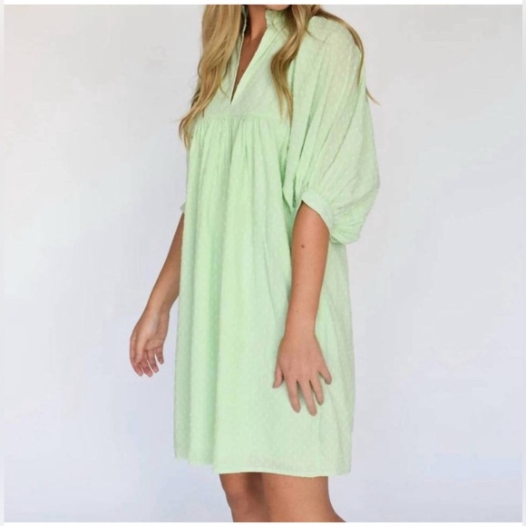Never A Wallflower High Neck Mini Dress in Mint Green Swiss Dot. Size S - Picture 4 of 11